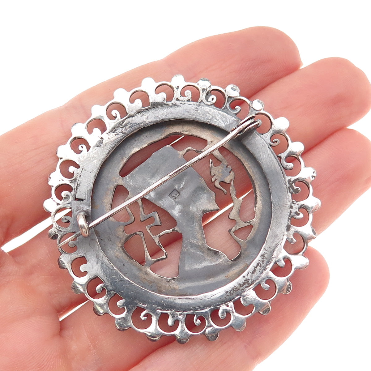 800 Silver Antique Art Deco Egyptian Nefertiti Oxidized Pin Brooch
