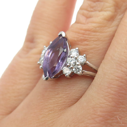 925 Sterling Silver Vintage Real Marquise-Cut Amethyst & White C Z Ring Size 7