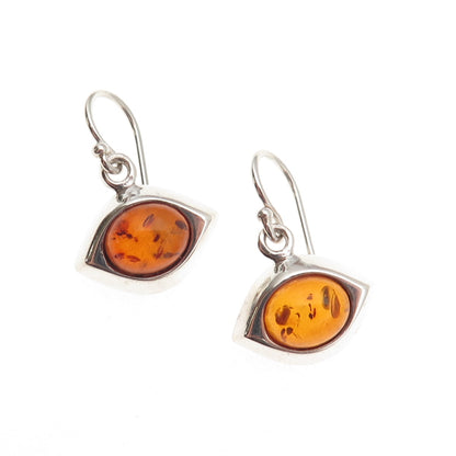 925 Sterling Silver Vintage Real Amber Modernist Evil's Eye Dangle Earrings