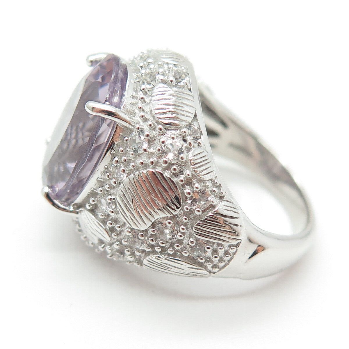 DSMK 925 Sterling Silver Oval-Cut Amethyst & White Topaz Gem Dome Ring Size 7