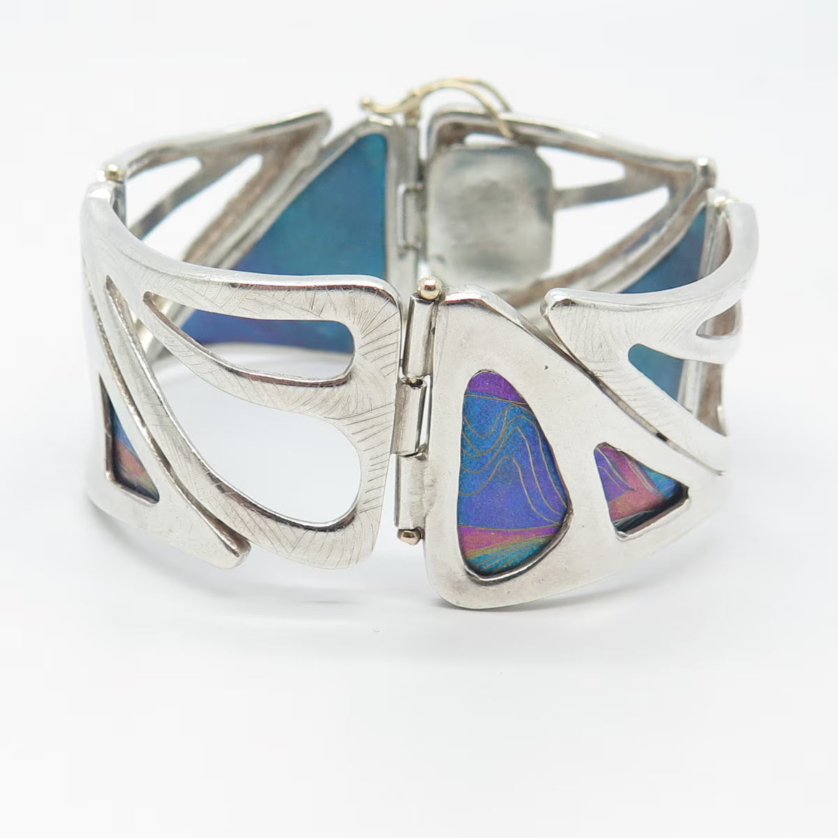 925 Sterling Silver Vintage Kit Horton Glass Modernist Panel Link Bracelet 6.5"