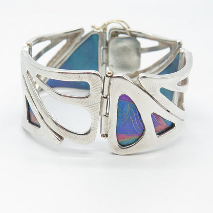 925 Sterling Silver Vintage Kit Horton Glass Modernist Panel Link Bracelet 6.5"
