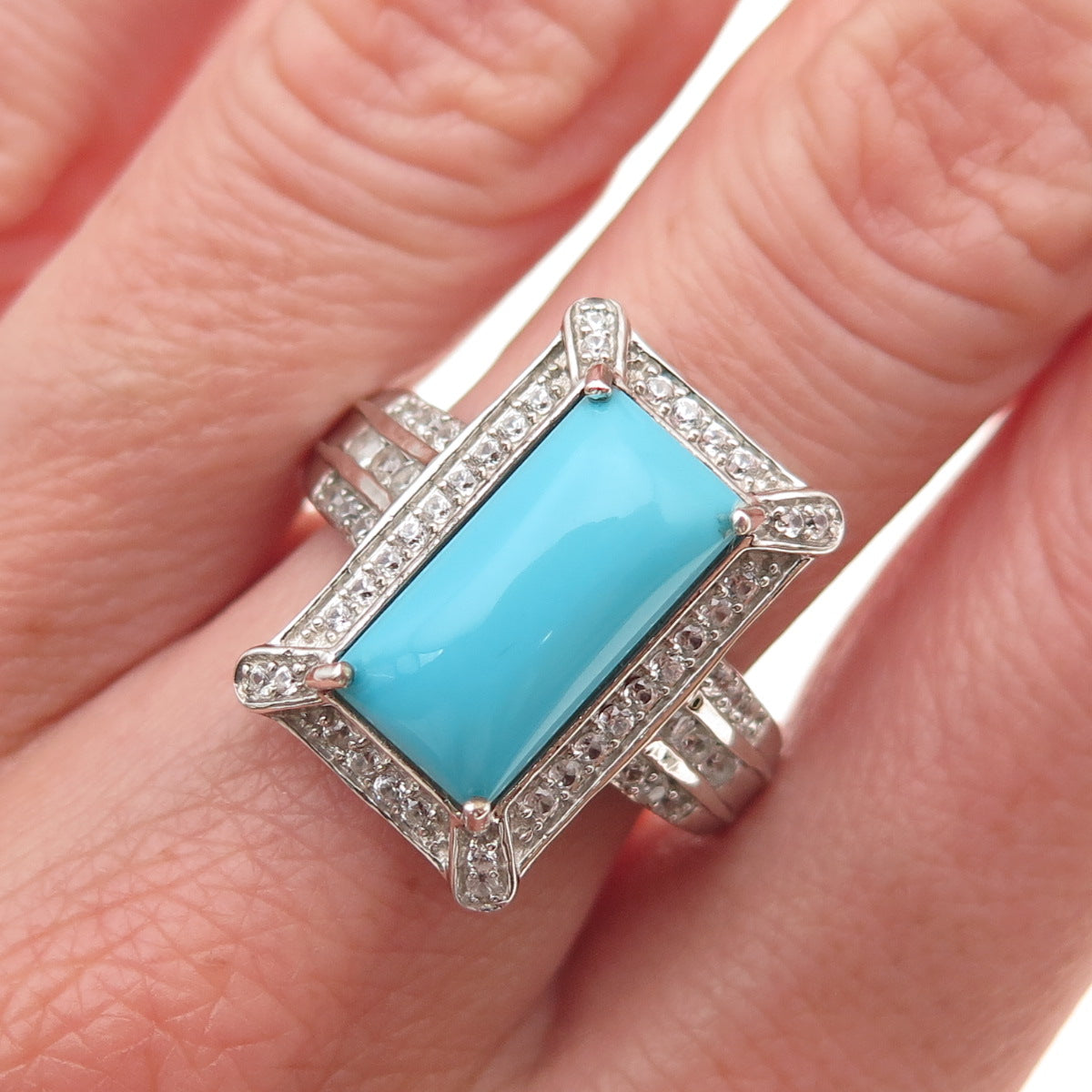 D'Joy 925 Sterling Silver Real Turquoise & White Topaz Ring Size 8.25