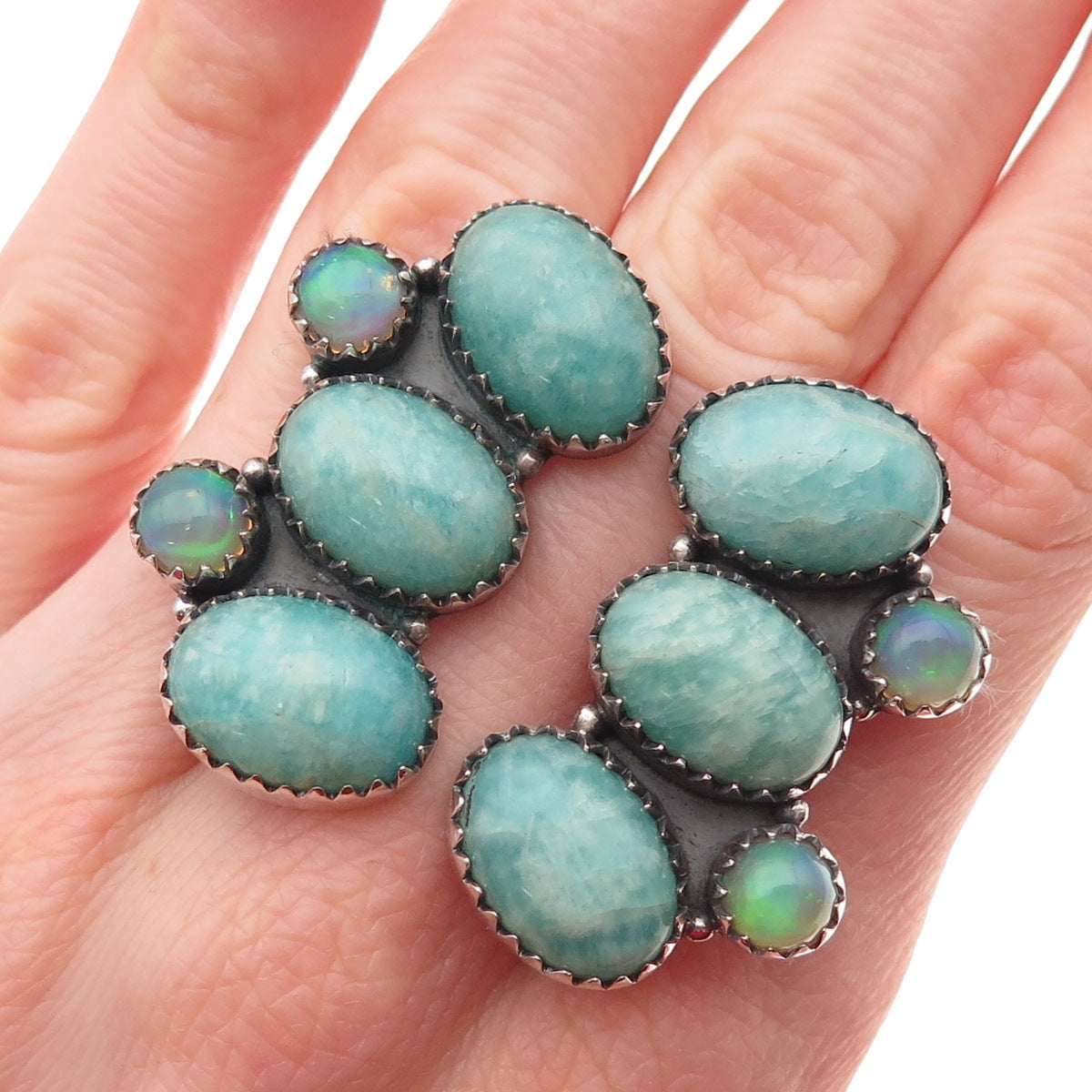 925 Sterling Vintage Real Amazonite & Opal Adjustable Statement Ring Size 7.5