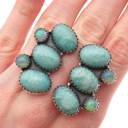 925 Sterling Vintage Real Amazonite & Opal Adjustable Statement Ring Size 7.5