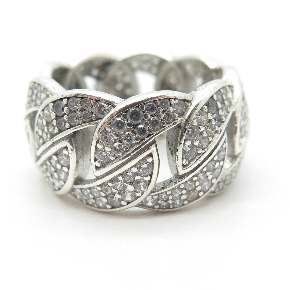 925 Sterling Silver Pave C Z Cuban Chain Band Ring Size 6.75