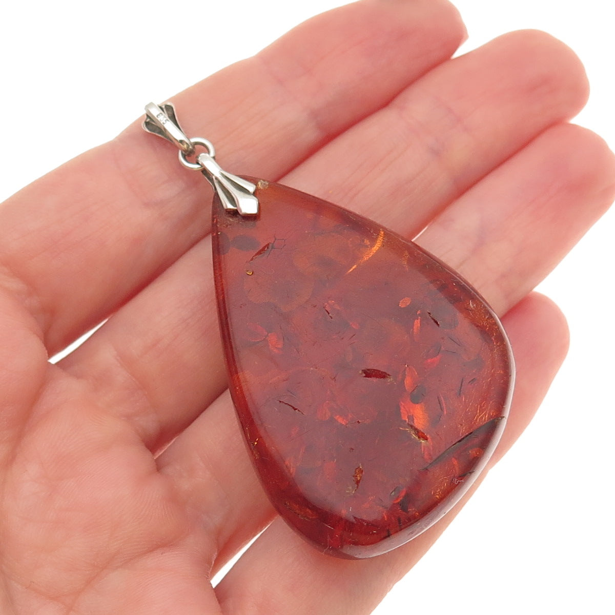 835 Silver Vintage Real Amber Modernist Teardrop Pendant