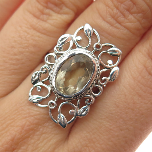 925 Sterling Silver Vintage Real Smoky Quartz Floral Swirl Ring Size 6.25