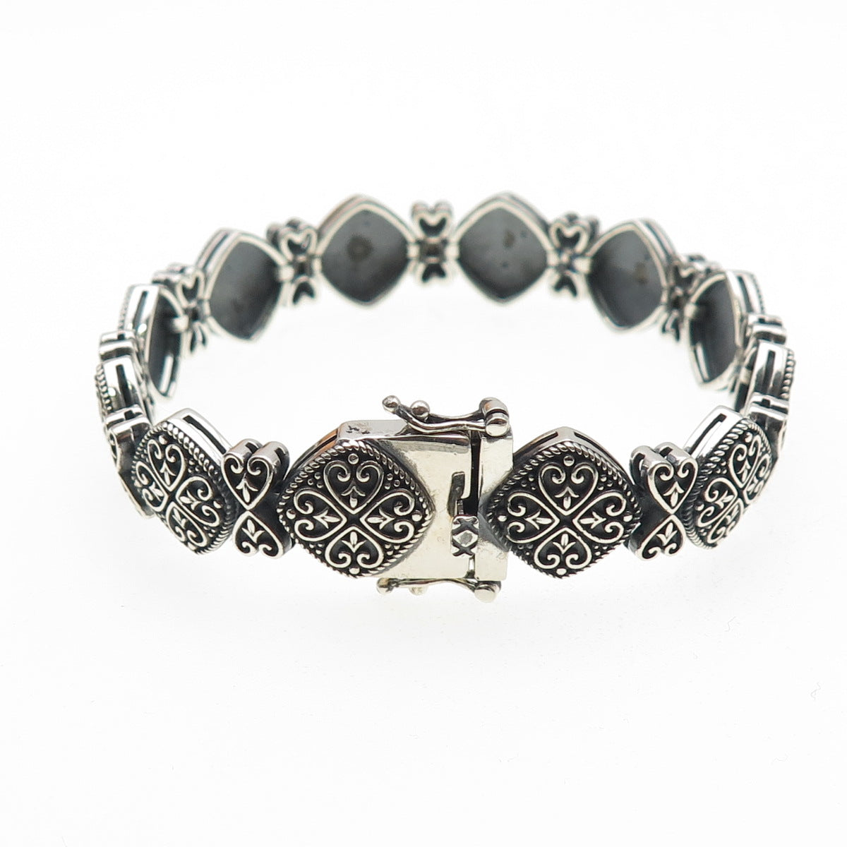 925 Sterling Silver Vintage Ornate Heart Floral Oxidized Bracelet 7"