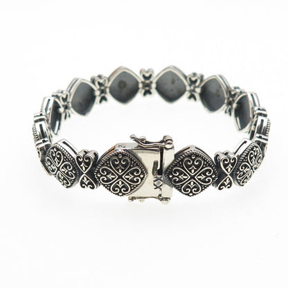 925 Sterling Silver Vintage Ornate Heart Floral Oxidized Bracelet 7"