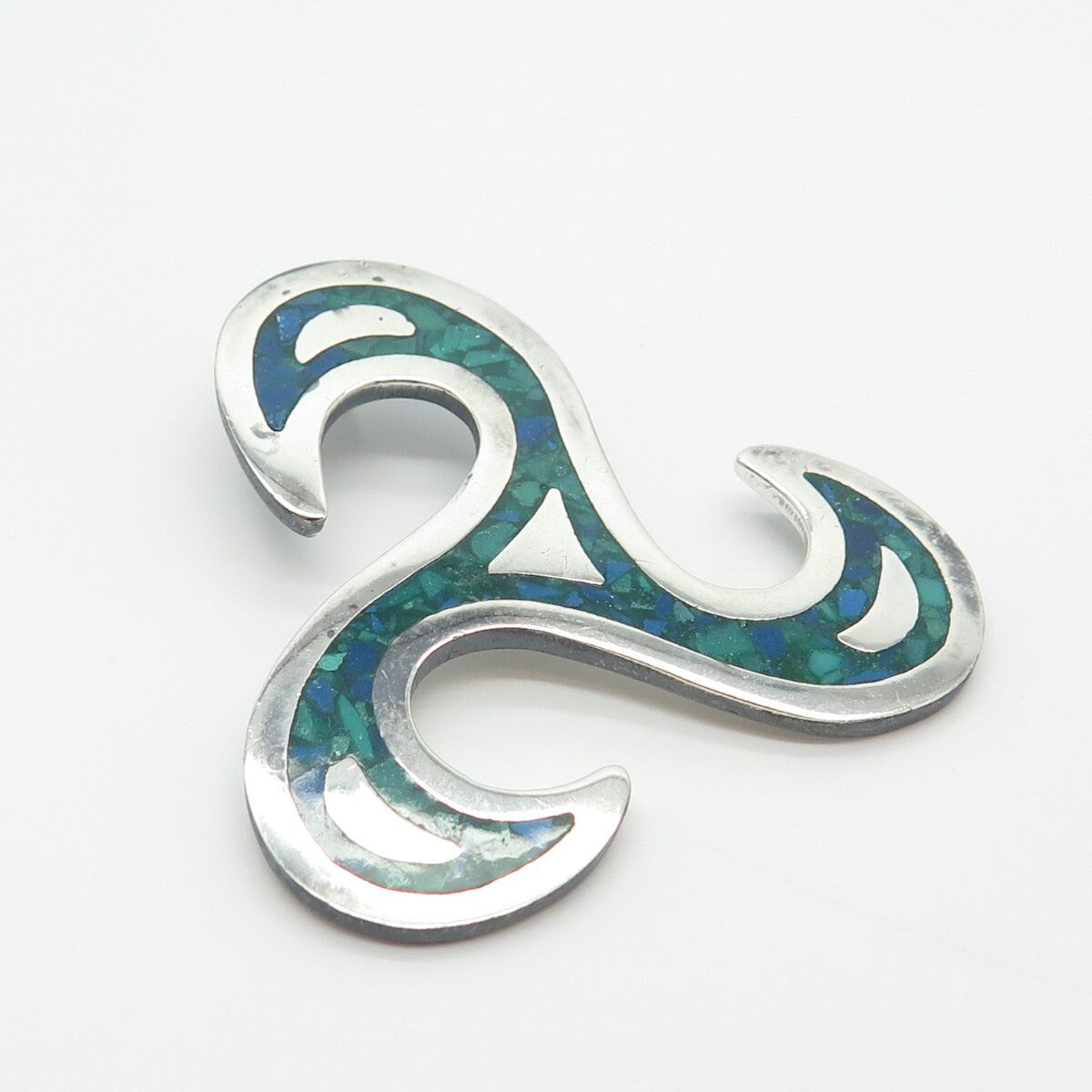 925 Sterling Silver Vintage Mexico Real Azurite Inlay Triskalion Celtic Pendant
