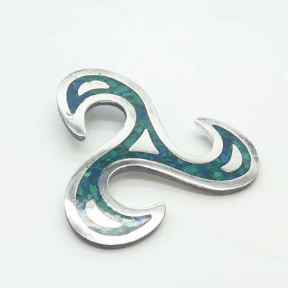 925 Sterling Silver Vintage Mexico Real Azurite Inlay Triskalion Celtic Pendant