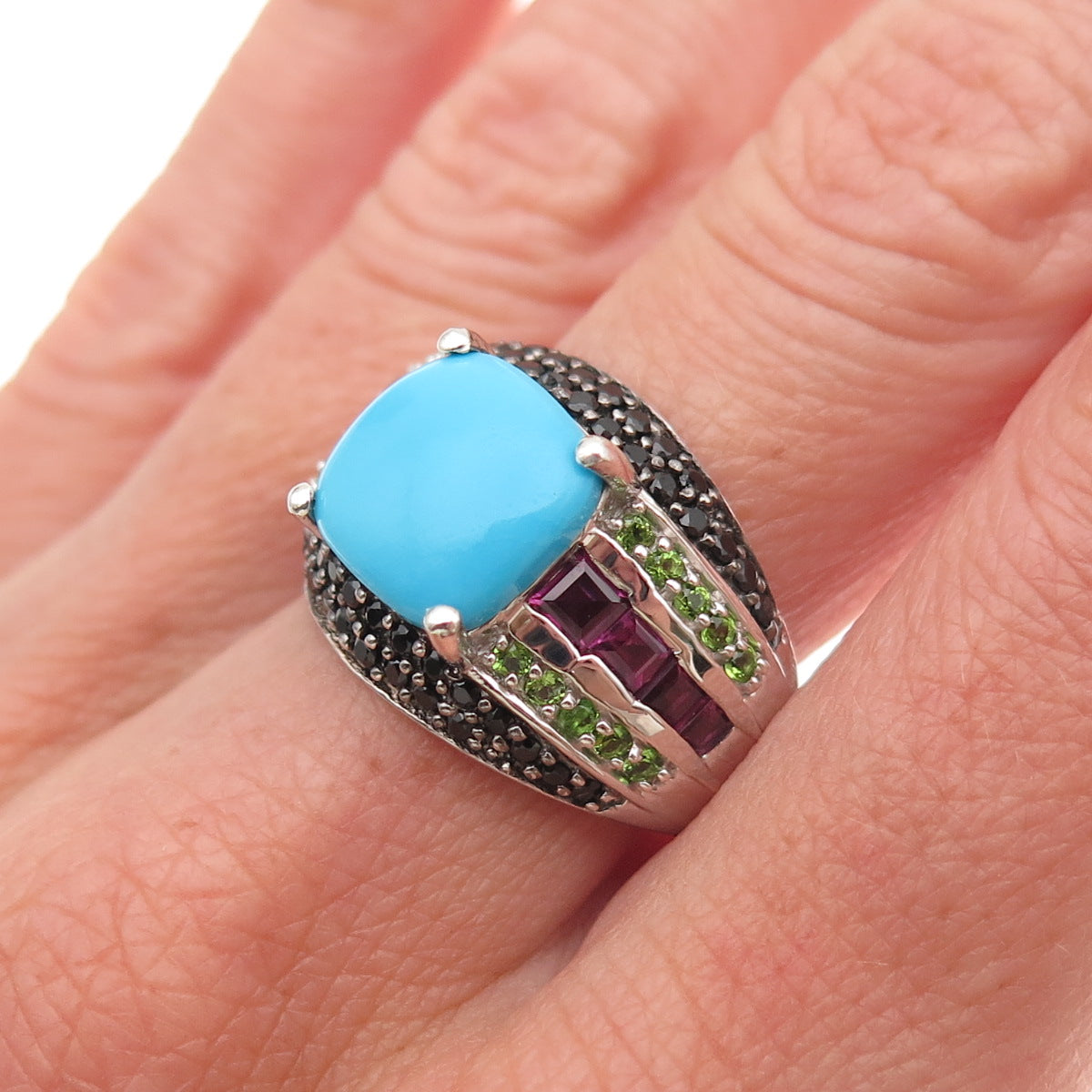 Chuck Clemency 925 Sterling Turquoise Rhodolite Peridot & Spinel Ring Size 8.25