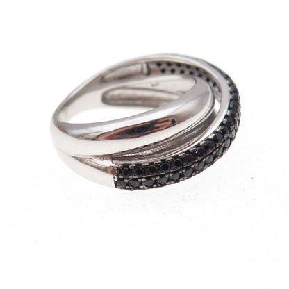 925 Sterling Silver Real Round-Cut Black Spinel Crisscross Ring Size 6.25
