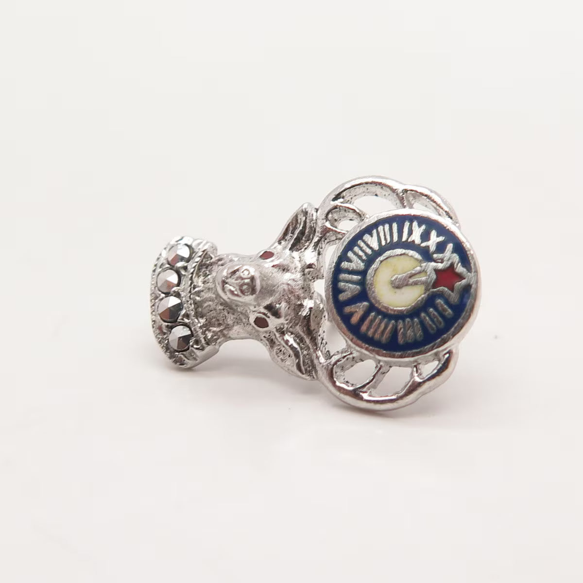 925 Sterling Silver Antique Marcasite Gem & Enamel Elks Member Emblem Lapel Pin