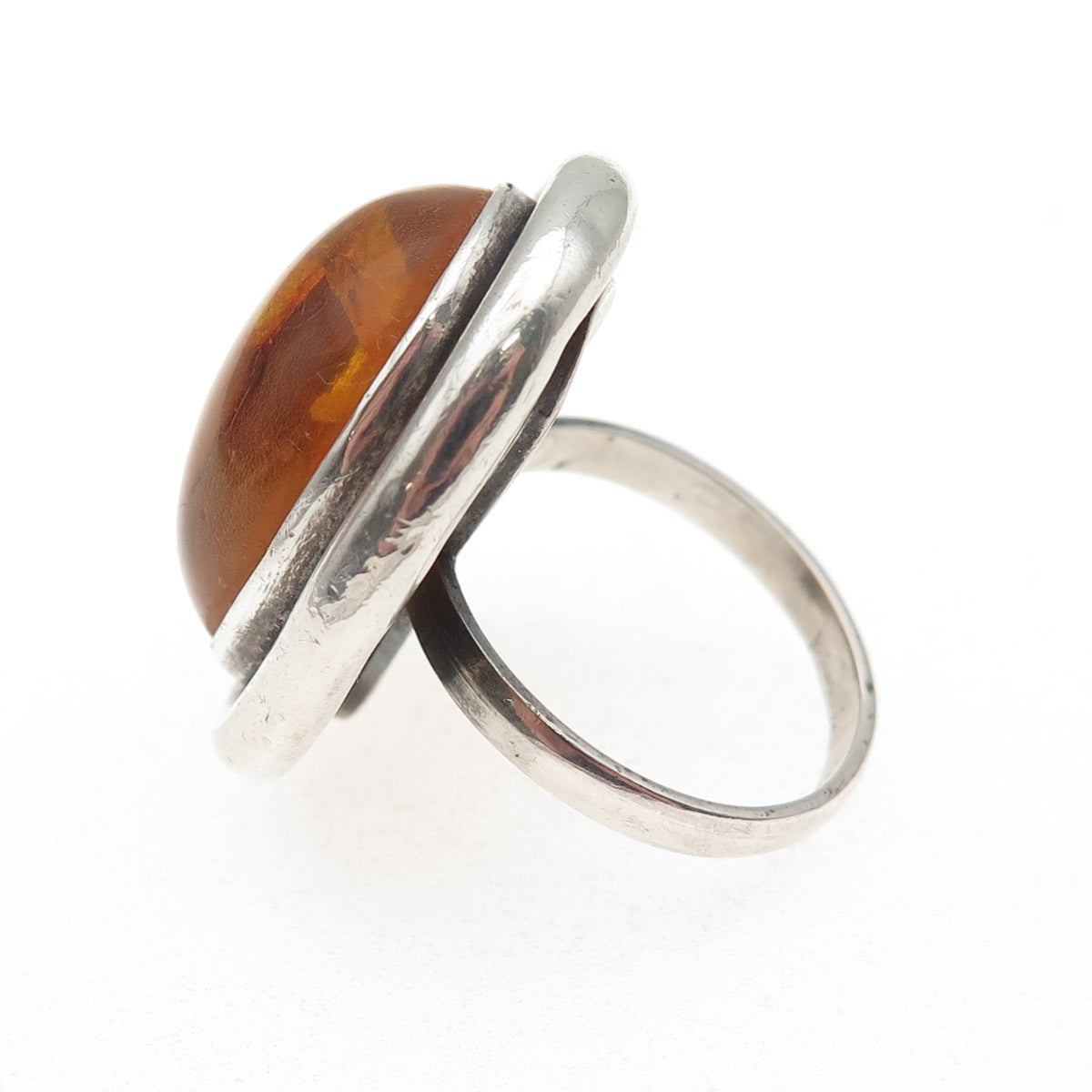 925 Sterling Silver Vintage EK Poland Real Amber Modernist Ring Size 6.75
