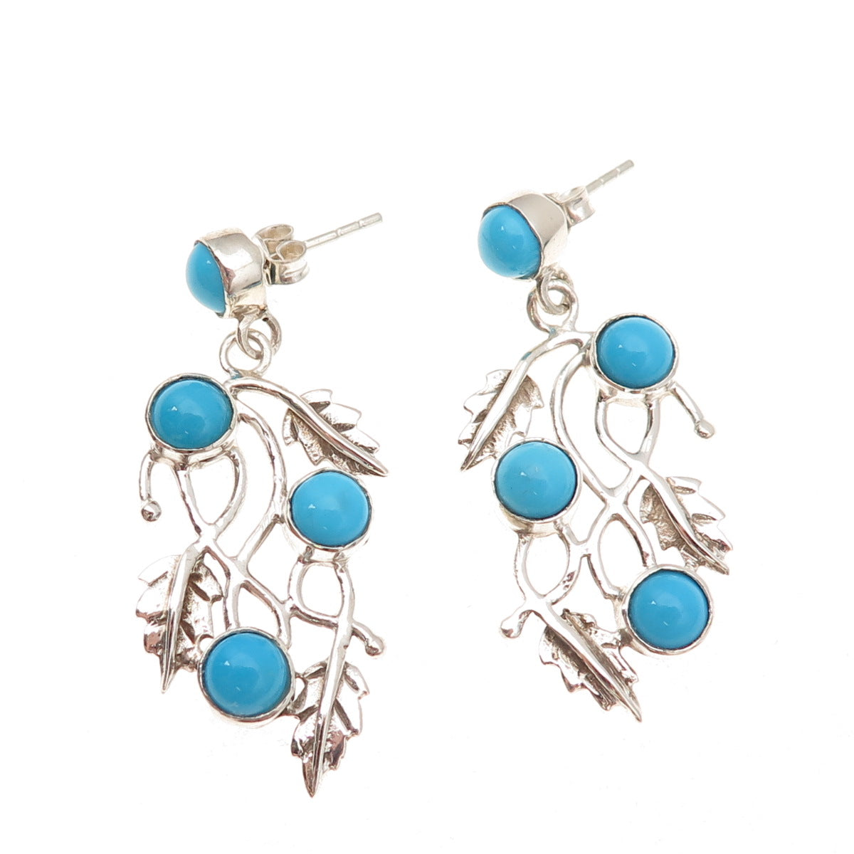 925 Sterling Vintage Real Sleeping Beauty Turquoise Floral Leaf Dangle Earrings