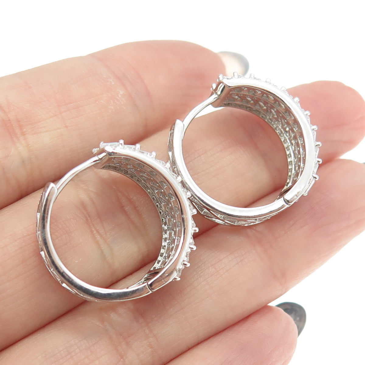 925 Sterling Silver Round & Baguette-Cut C Z Hoop Earrings