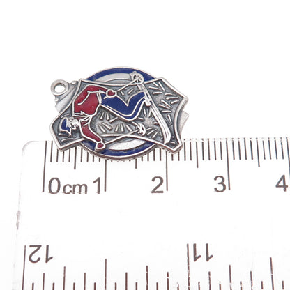 925 Sterling Silver Vintage Enamel Downhill Skier Oxidized Charm Pendant