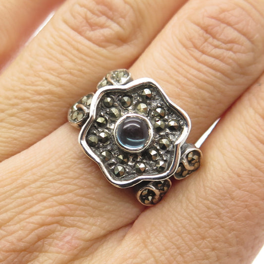 925 Sterling Silver Vintage Real Aquamarine & Marcasite Flower Ring Size 8