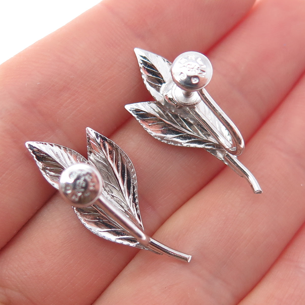 CARL ART 925 Sterling Silver Antique Art Deco Floral Leaf Screw Back Earrings
