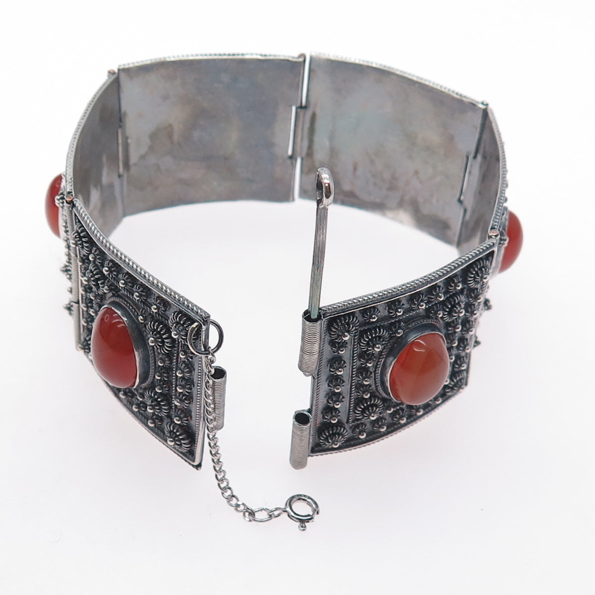 925 Sterling Silver Vintage Real Carnelian Cannetille Panel Link Bracelet 7.5"