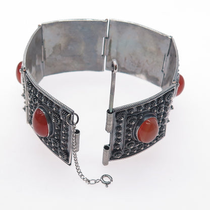 925 Sterling Silver Vintage Real Carnelian Cannetille Panel Link Bracelet 7.5"