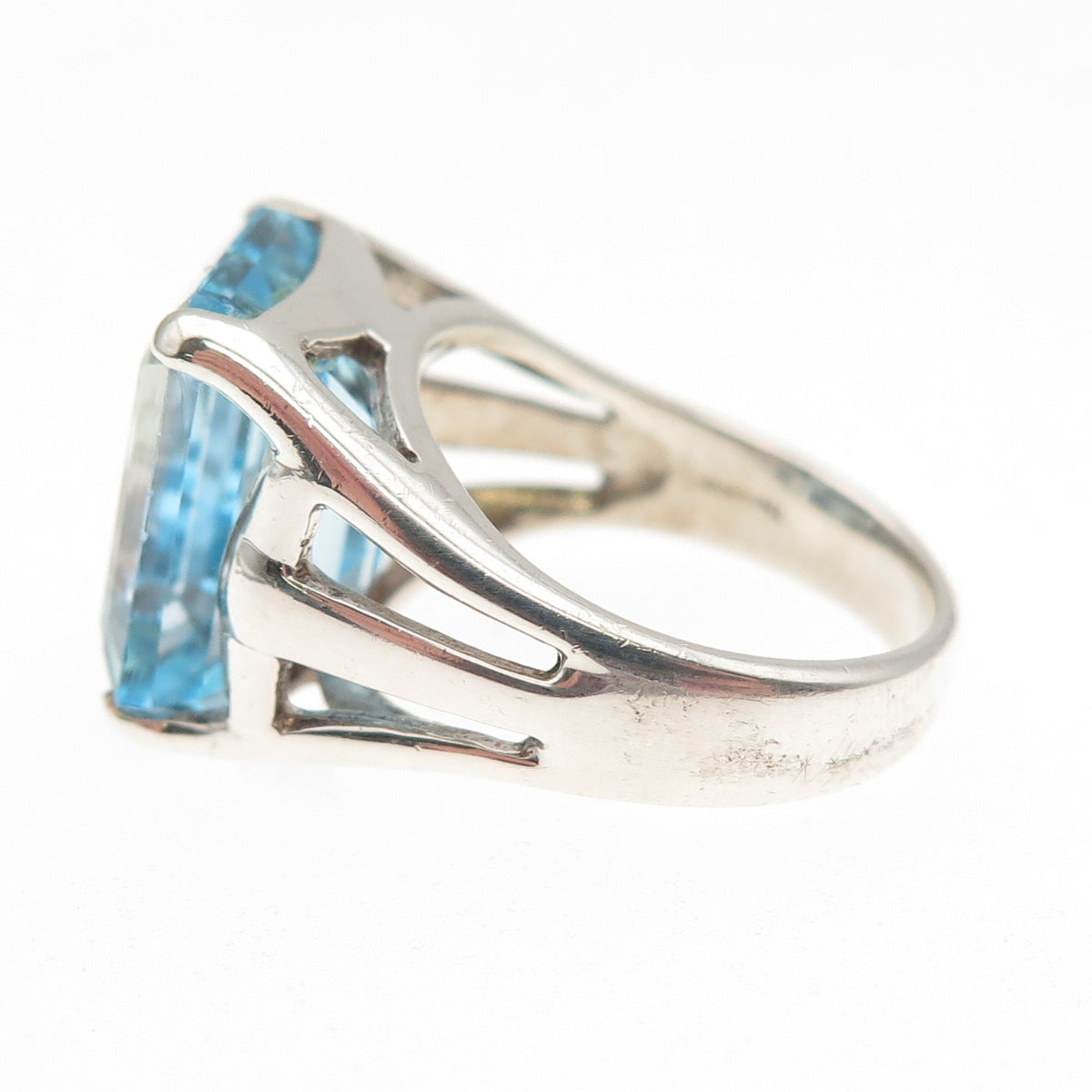 CNA Pranda 925 Sterling Silver Real Emerald-Cut Blue Topaz Ring Size 5.5