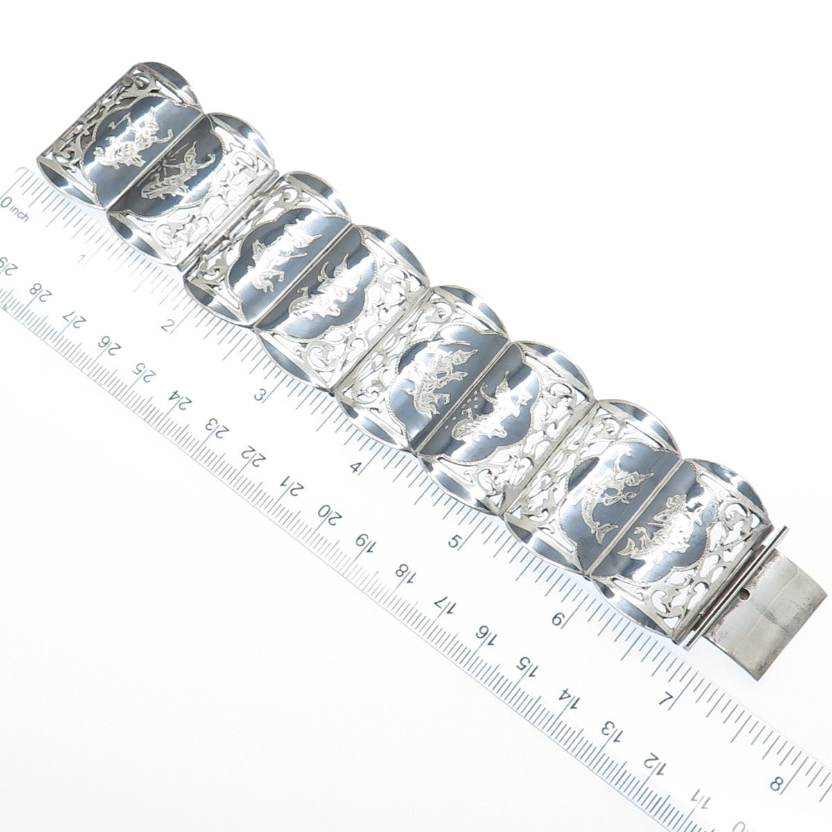 925 Sterling Silver Antique Siam Niello Hindu Goddess Panel Link Bracelet 7"