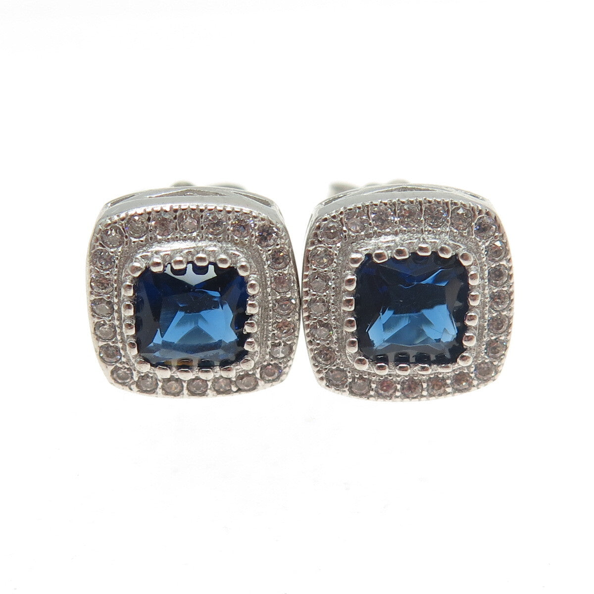 925 Sterling Silver White & Blue C Z Stud Earrings