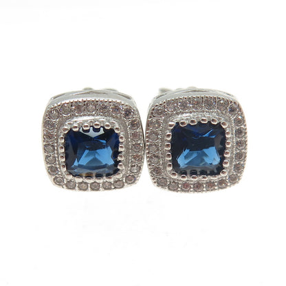 925 Sterling Silver White & Blue C Z Stud Earrings