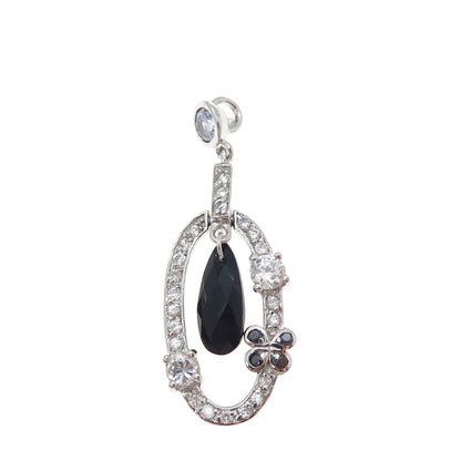 925 Sterling Silver Real Black Spinel & C Z Teardrop Butterfly Charm Pendant