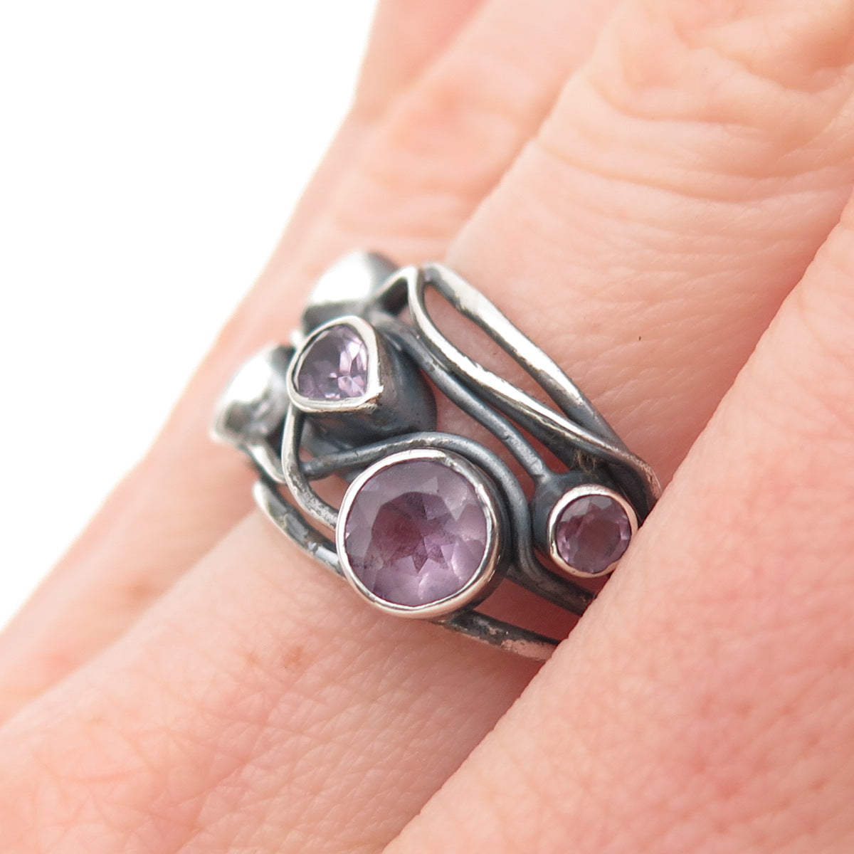 925 Sterling Silver Vintage Real Amethyst Modernist Oxidized Ring Size 7