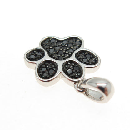 SUN 925 Sterling Silver Real Round-Cut Black Diamond Dog Paw Minimalist Pendant