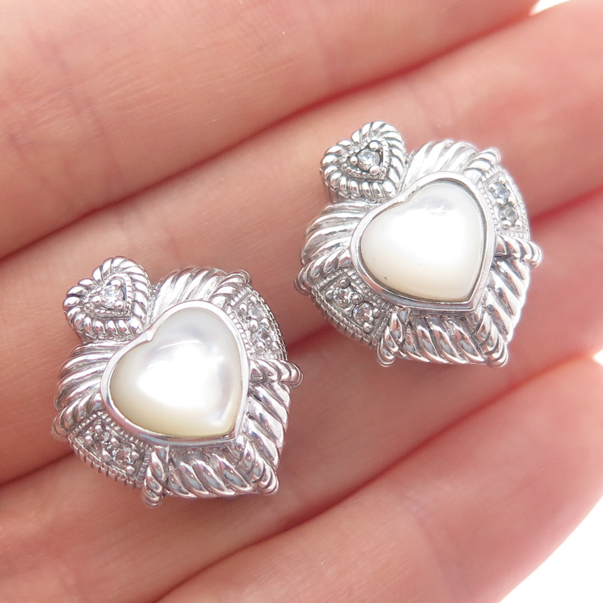 JUDITH RIPKA 925 Sterling Silver Real MOP & C Z Heart Omega Back Earrings