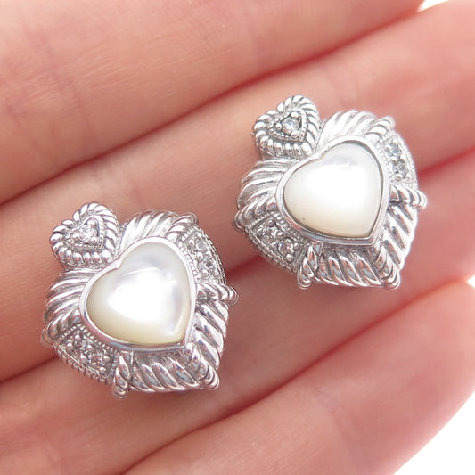 JUDITH RIPKA 925 Sterling Silver Real MOP & C Z Heart Omega Back Earrings