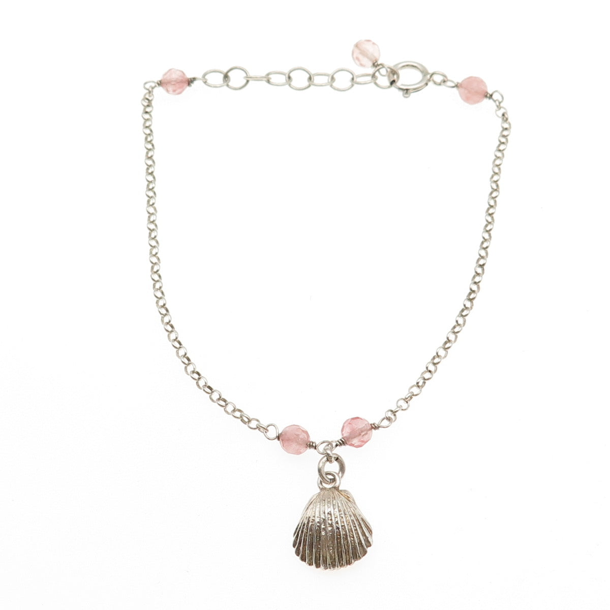 925 Sterling Silver Vintage Real Rose Quartz MOP Inlay Rolo Link Bracelet 6.5-8"