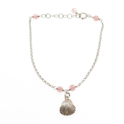 925 Sterling Silver Vintage Real Rose Quartz MOP Inlay Rolo Link Bracelet 6.5-8"