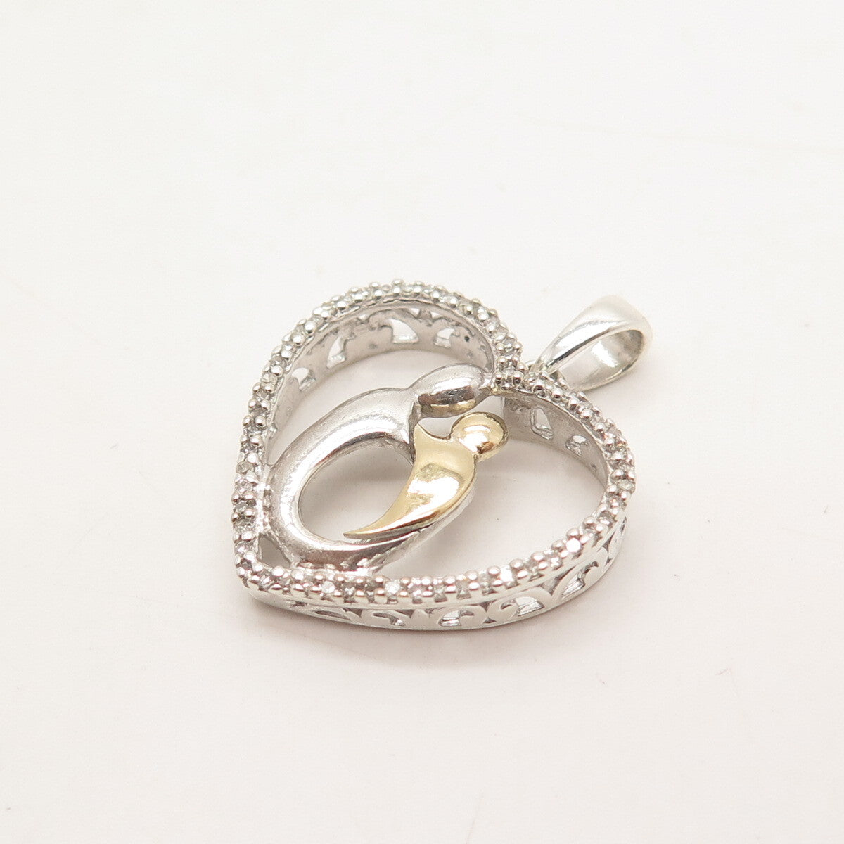 925 Sterling Silver / 10K Gold Real Diamond Mother & Baby Heart Pendant