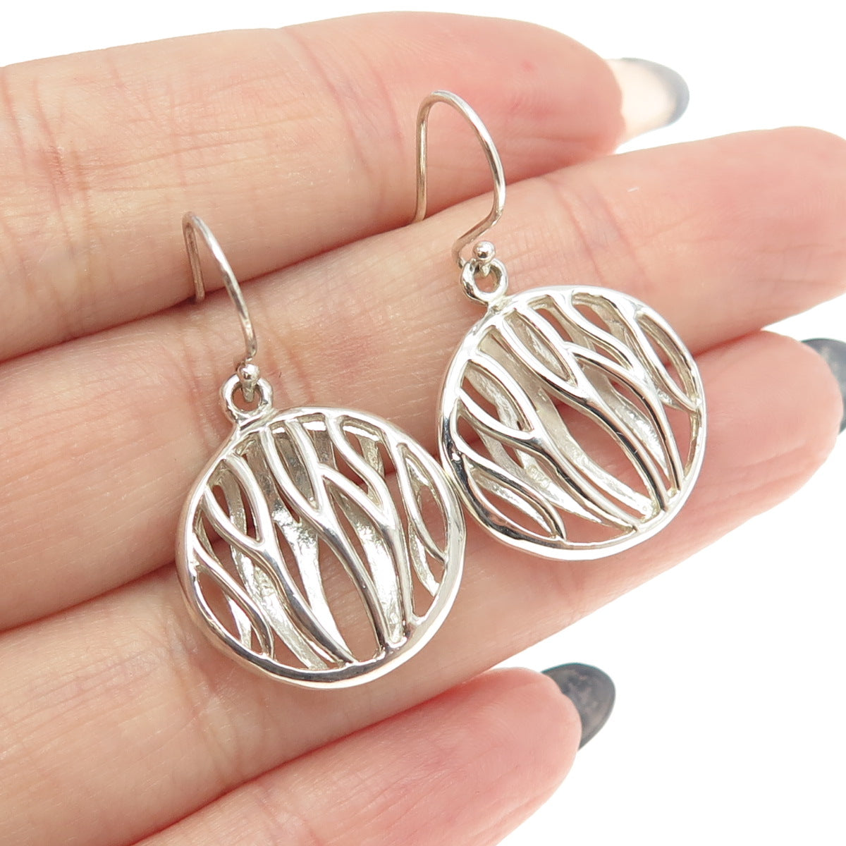 925 Sterling Silver Modernist Wavy Round Dangling Earrings