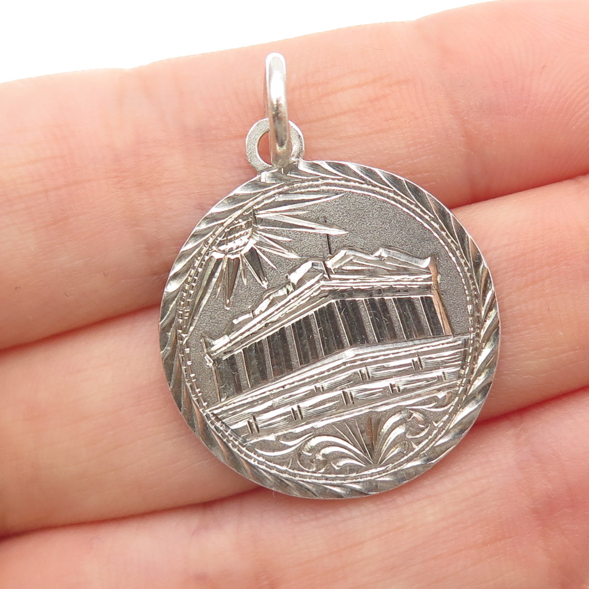 925 Sterling Silver Antique Art Deco Engraved Parthenon Token Charm Pendant