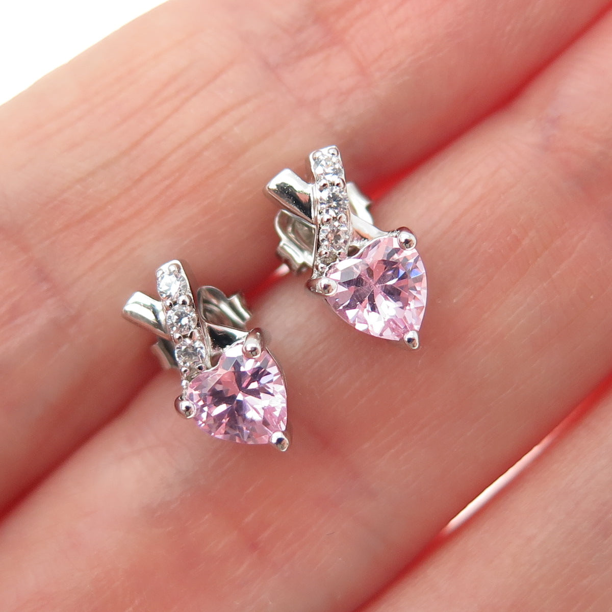 925 Sterling Silver Heart-Cut Pink & Round-Cut White C Z Earrings