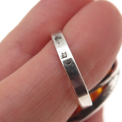 925 Sterling Silver Vintage JB Poland Real Amber Modernist Oxidized Ring Size 8