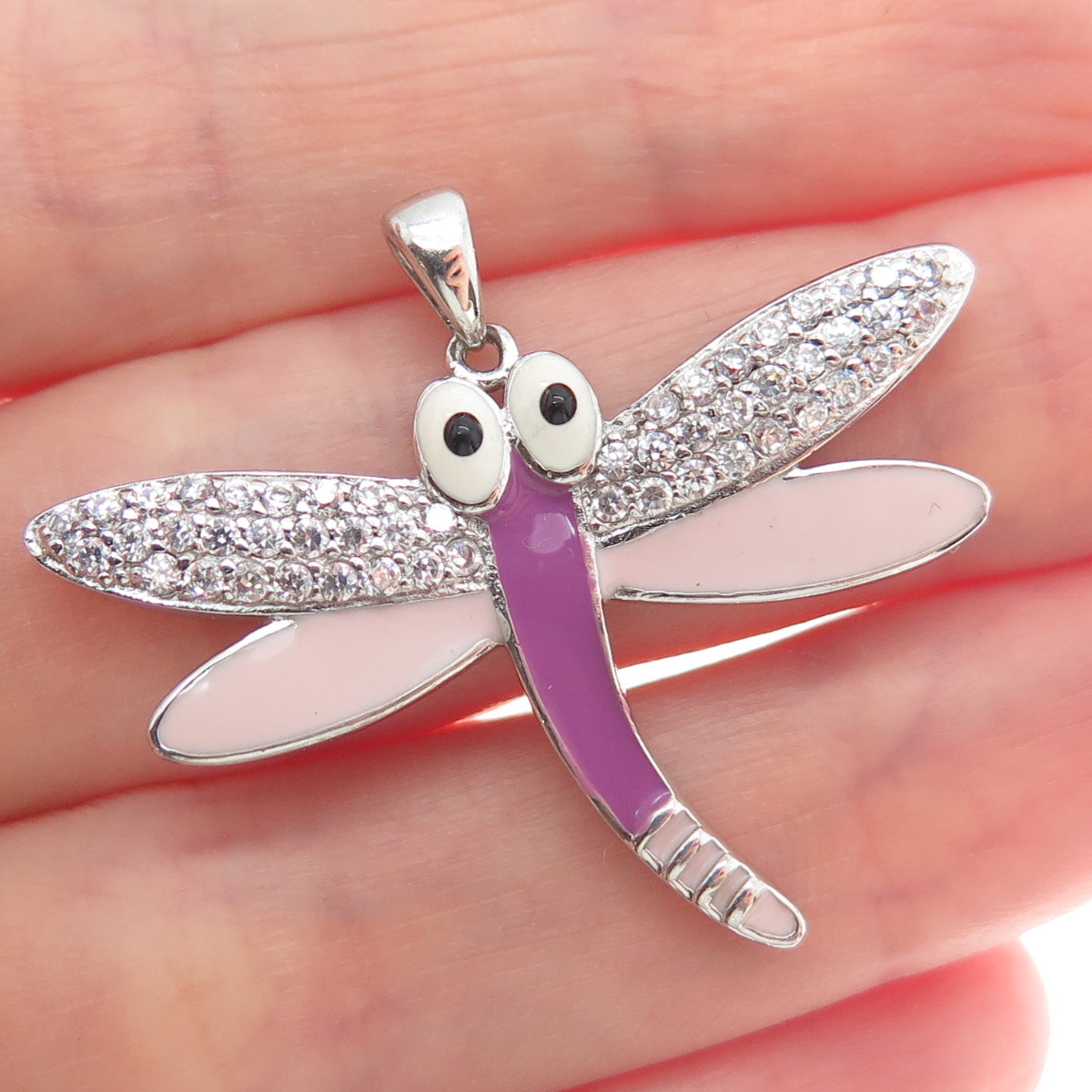 925 Sterling Silver Round-Cut Shaped C Z & Colorful Enamel Dragonfly Pendant