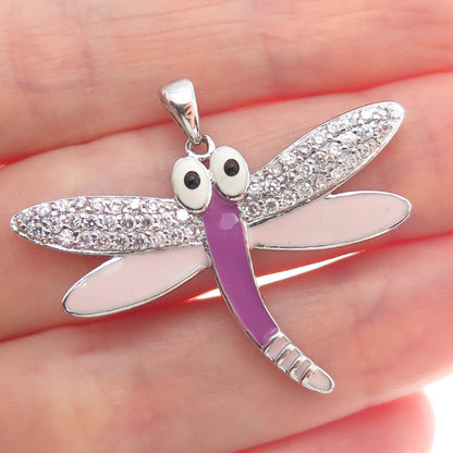 925 Sterling Silver Round-Cut Shaped C Z & Colorful Enamel Dragonfly Pendant