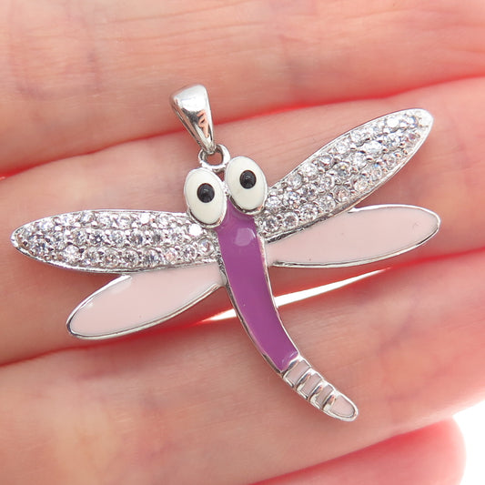 925 Sterling Silver Round-Cut Shaped C Z & Colorful Enamel Dragonfly Pendant