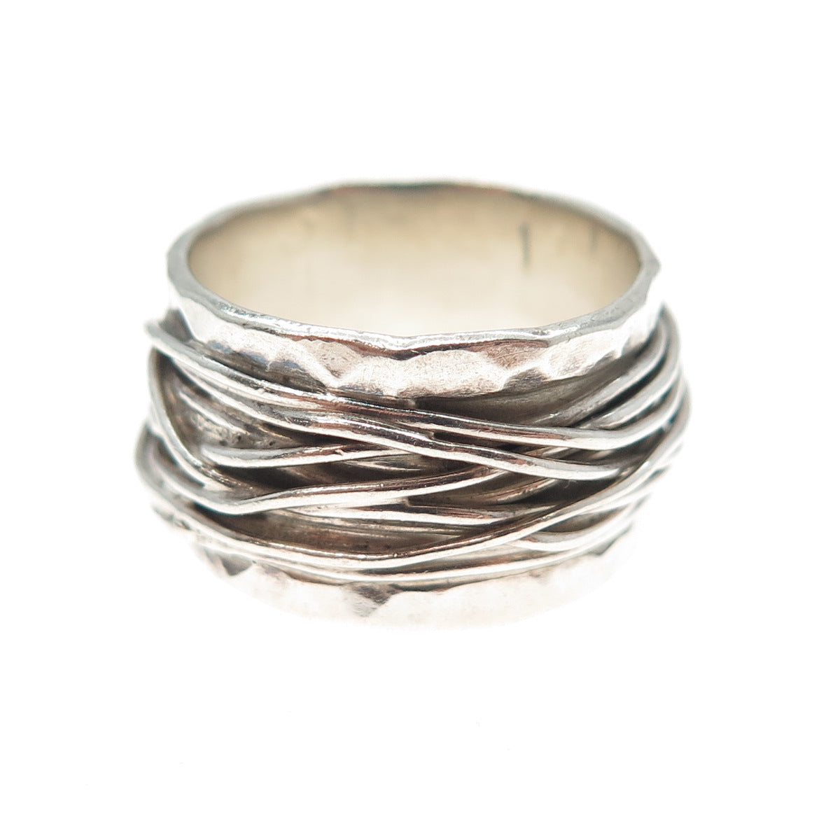 925 Sterling Silver Vintage Modernist Hammered Roped Oxidized Ring Size 8.5