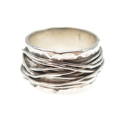 925 Sterling Silver Vintage Modernist Hammered Roped Oxidized Ring Size 8.5