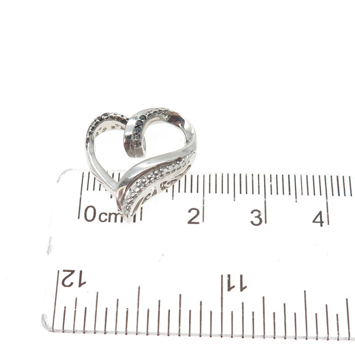 925 Sterling Silver Real Black & White Diamond Heart Minimalist Slide Pendant