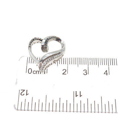 925 Sterling Silver Real Black & White Diamond Heart Minimalist Slide Pendant